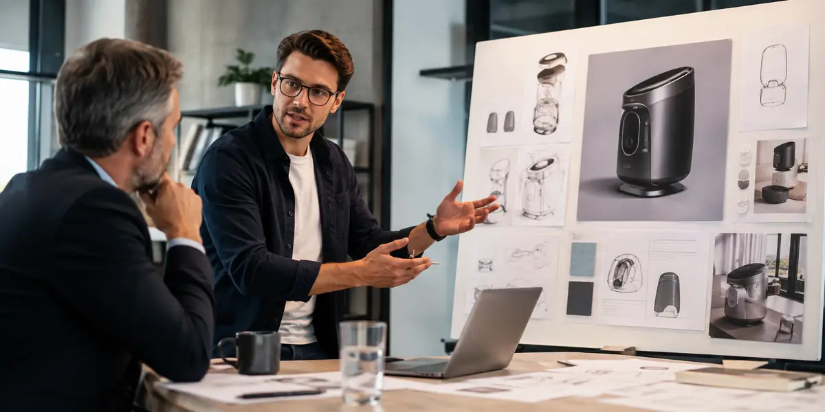 Product Manager prezentujący przełożonemu koncepcję nowego innowacyjnego produktu