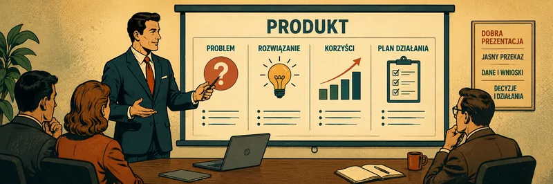 Product Manager prowadzący prezentację produktu przed zespołem