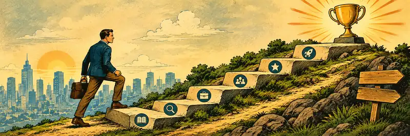 Droga do roli Product Managera przedstawiona jako kolejne etapy prowadzące do celu